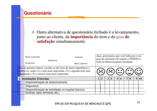 Questionário
Outra alternativa de questionário fechado é o levantamento,
junto ao cliente, da importância do item e do grau de
satisfação simultaneamente.
Aqui, gostaríamos que você indicasse o seu
grau de satisfação em relação a TODOS os
itens no último hospital consultado.
Para as questões abaixo, escolha os três itens de maior importância e
ordene-os, sendo (1) o item mais importante, (2) o segundo item mais
importante e (3) o terceiro item mais importante.
1. Instalações Externas 1 2 3 4 5 6 7 8 9 10
Disponibilização de estacionamento
Segurança
Disponibilização de facilidades no hospital (bancos,
livrarias, lojas, farmácia, etc.)
Muito insatisfeito
Indiferente
Satisfeito
Muito satisfeitoInsatisfeito
 