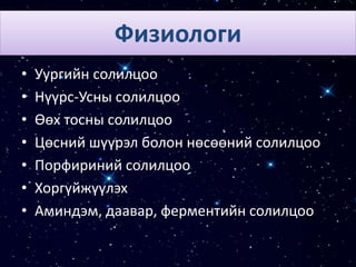 Физиологи
• Уургийн солилцоо
• Нүүрс-Усны солилцоо
• Өөх тосны солилцоо
• Цөсний шүүрэл болон нөсөөний солилцоо
• Порфириний солилцоо
• Хоргүйжүүлэх
• Аминдэм, даавар, ферментийн солилцоо
 