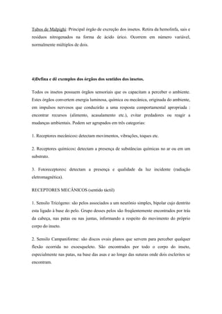 Tubos de Malpighi: Principal órgão de excreção dos insetos. Retira da hemolinfa, sais e
resíduos nitrogenados na forma de ácido úrico. Ocorrem em número variável,
normalmente múltiplos de dois.

4)Defina e dê exemplos dos órgãos dos sentidos dos insetos.
Todos os insetos possuem órgãos sensoriais que os capacitam a perceber o ambiente.
Estes órgãos convertem energia luminosa, química ou mecânica, originada do ambiente,
em impulsos nervosos que conduzirão a uma resposta comportamental apropriada :
encontrar recursos (alimento, acasalamento etc.), evitar predadores ou reagir a
mudanças ambientais. Podem ser agrupados em três categorias:
1. Receptores mecânicos: detectam movimentos, vibrações, toques etc.
2. Receptores químicos: detectam a presença de substâncias químicas no ar ou em um
substrato.
3. Fotoreceptores: detectam a presença e qualidade da luz incidente (radiação
eletromagnética).
RECEPTORES MECÂNICOS (sentido táctil)
1. Sensilo Tricógeno: são pelos associados a um neurônio simples, bipolar cujo dentrito
esta ligado à base do pelo. Grupo desses pelos são freqüentemente encontrados por trás
da cabeça, nas patas ou nas juntas, informando a respeito do movimento do próprio
corpo do inseto.
2. Sensilo Campaniforme: são discos ovais planos que servem para perceber qualquer
flexão ocorrida no exoesqueleto. São encontrados por todo o corpo do inseto,
especialmente nas patas, na base das asas e ao longo das suturas onde dois escleritos se
encontram.

 