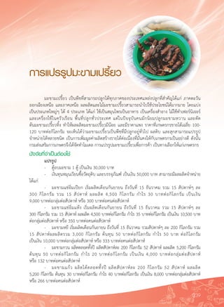 239
การแปรรูปมะขามเปรี้ยว
	 มะขามเปรี้ยว เป็นพืชที่สามารถปลูกได้ทุกภาคของประเทศแหล่งปลูกที่สำคัญได้แก่ ภาคตะวัน
ออกเฉียงเหนือ และภาคเหนือ ผลผลิตและไม้มะขามเปรี้ยวสามารถนำไปใช้ประโยชน์ได้มากมาย โดยแบ่ง
เป็นประเภทใหญ่ๆ ได้ 4 ประเภท ได้แก่ ใช้เป็นสมุนไพรเป็นอาหาร เป็นเครื่องสำอาง ไม้ใช้ทำเฟอร์นิเจอร์
และเครื่องใช้ในครัวเรือน พื้นที่ปลูกทั่วประเทศ แต่ในปัจจุบันคนมักนิยมปลูกมะขามหวาน และตัด
ต้นมะขามเปรี้ยวทิ้ง ทำให้ผลผลิตมะขามเปรี้ยวมีน้อย และมีราคาแพง ราคาที่เกษตรกรขายได้เฉลี่ย 100-
120 บาทต่อกิโลกรัม จะเห็นได้ว่ามะขามเปรี้ยวเป็นพืชที่มีปลูกอยู่ทั่วไป ผลดิบ และสุกสามารถแปรรูป
จำหน่ายได้หลายชนิด เป็นการเพิ่มมูลค่าผลิตสร้างรายได้ต่อเนื่องที่มั่นคงให้กับเกษตรกรเป็นอย่างดี ดังนั้น
กรมส่งเสริมการเกษตรจึงได้จัดทำโมเดล การแปรรูปมะขามเปรี้ยวเพื่อการค้า เป็นทางเลือกให้แก่เกษตรกร
ปัจจัยที่จำเป็นต้องใช้
	 แปรรูป
	 -	 ตู้อบมะขาม 1 ตู้ เป็นเงิน 30,000 บาท
	 -	 เงินทุนหมุนเวียนซื้อวัตถุดิบ และบรรจุภัณฑ์์ เป็นเงิน 50,000 บาท สามารถมีผลผลิตจำหน่าย
ได้แก่
	 -	 มะขามแช่อิ่มเปียก เริ่มผลิตเดือนกันยายน ถึงวันที่ 15 ธันวาคม รวม 15 สัปดาห์ๆ ละ

300 กิโลกรัม รวม 15 สัปดาห์ ผลผลิต 4,500 กิโลกรัม กำไร 30 บาทต่อกิโลกรัม เป็นเงิน 

9,000 บาทต่อกลุ่มต่อสัปดาห์ หรือ 300 บาทต่อคนต่อสัปดาห์
	 -	 มะขามแช่อิ่มแห้ง เริ่มผลิตเดือนกันยายน ถึงวันที่ 15 ธันวาคม รวม 15 สัปดาห์ๆ ละ

300 กิโลกรัม รวม 15 สัปดาห์ ผลผลิต 4,500 บาทต่อกิโลกรัม กำไร 35 บาทต่อกิโลกรัม เป็นเงิน 10,500 บาท
ต่อกลุ่มต่อสัปดาห์ หรือ 350 บาทต่อคนต่อสัปดาห์
	 -	 มะขามหยี เริ่มผลิตเดือนกันยายน ถึงวันที่ 15 ธันวาคม รวมสัปดาห์ๆ ละ 200 กิโลกรัม รวม
15 สัปดาห์ผลผลิตรวม 3,000 กิโลกรัม ต้นทุน 50 บาทต่อกิโลกรัม กำไร 50 บาท ต่อกิโลกรัม 

เป็นเงิน 10,000 บาทต่อกลุ่มต่อสัปดาห์ หรือ 333 บาทต่อคนต่อสัปดาห์
	 -	 มะขามกวน ผลิตตลอดทั้งปี ผลิตสัปดาห์ละ 200 กิโลกรัม 52 สัปดาห์ ผลผลิต 5,200 กิโลกรัม

ต้นทุน 50 บาทต่อกิโลกรัม กำไร 20 บาทต่อกิโลกรัม เป็นเงิน 4,000 บาทต่อกลุ่มต่อสัปดาห์ 

หรือ 132 บาทต่อคนต่อสัปดาห์
	 -	 มะขามแก้ว ผลิตได้ตลอดทั้งปี ผลิตสัปดาห์ละ 200 กิโลกรัม 52 สัปดาห์ ผลผลิต 

5,200 กิโลกรัม ต้นทุน 30 บาทต่อกิโลกรัม กำไร 40 บาทต่อกิโลกรัม เป็นเงิน 8,000 บาทต่อกลุ่มต่อสัปดาห์ 

หรือ 266 บาทต่อคนต่อสัปดาห์
 