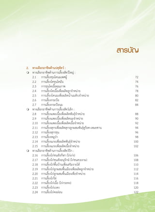 5
	 2.	 ทางเลือกอาชีพด้านปศุสัตว์ :
	 m 	 ทางเลือกอาชีพด้านการเลี้ยงสัตว์ใหญ่ :	 
	 	 2.1 	 การเลี้ยงขุนโคนมเพศผู้	 72
	 	 2.2	 การเลี้ยงโคขุนโคมัน	 74
	 	 2.3	 การขุนโคเนื้อคุณภาพ	 76
	 	 2.4	 การเลี้ยงโคเนื้อเพื่อผลิตลูกจำหน่าย 	 78
	 	 2.5	 การเลี้ยงโคนมเพื่อผลิตน้ำนมดิบจำหน่าย	 80
	 	 2.6	 การเลี้ยงกระบือ	 82
	 	 2.7	 การเลี้ยงกระบือนม	 84
	 m	ทางเลือกอาชีพด้านการเลี้ยงสัตว์เล็ก :
	 	 2.8	 การเลี้ยงแพะเนื้อเพื่อผลิตพันธุ์จำหน่าย	 88
	 	 2.9	 การเลี้ยงแพะเนื้อเพื่อผลิตนมจำหน่าย	 90
	 	 2.10	 การเลี้ยงแพะเนื้อเพื่อผลิตเนื้อจำหน่าย	 92 
	 	 2.11	 การเลี้ยงสุกรเพื่อผลิตสุกรลูกผสมพันธุ์ดูร็อค-เหมยซาน	 94
	 	 2.12	 การเลี้ยงสุกรขุน	 96
	 	 2.13	 การเลี้ยงหมูป่า	 98
	 	 2.14	 การเลี้ยงแกะเพื่อผลิตพันธุ์จำหน่าย	 100
	 	 2.15	 การเลี้ยงแกะเพื่อผลิตเนื้อจำหน่าย	 102
	 m	ทางเลือกอาชีพด้านการเลี้ยงสัตว์ปีก :
	 	 2.16	 การเลี้ยงไก่ชนเชิงกีฬา (ไก่เก่ง)	 106
	 	 2.17	 การเลี้ยงไก่ชนเชิงอนุรักษ์ (ไก่ชนสวยงาม)	 108
	 	 2.18	 การเลี้ยงไก่พื้นบ้านเพื่อเสริมรายได้	 110
	 	 2.19	 การเลี้ยงไก่ลูกผสมพื้นเมืองเพื่อผลิตลูกจำหน่าย	 112
	 	 2.20	 การเลี้ยงไก่ลูกผสมพื้นเมืองเพื่อจำหน่าย	 114
	 	 2.21	 การเลี้ยงไก่ไข่	 116
	 	 2.22	 การเลี้ยงไก่เนื้อ (ไก่กระทง)	 118
	 	 2.23	 การเลี้ยงไก่เบตง	 120
	 	 2.24	 การเลี้ยงไก่คอล่อน	 122
สารบัญ
 