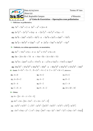 1ª 2ª 3ª lista de exercicios 2ºbim 8º ano | PDF