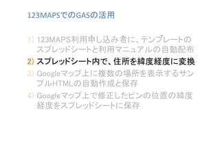 123MAPSでのGASの活用	
1)  123MAPS利用申し込み者に、テンプレートの
スプレッドシートと利用マニュアルの自動配布	
2)  スプレッドシート内で、住所を緯度経度に変換	
3)  Googleマップ上に複数の場所を表示するサン
プルHTMLの自動作成と保存	
4)  Googleマップ上で修正したピンの位置の緯度
経度をスプレッドシートに保存	

 
