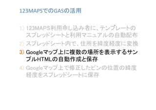 123MAPSでのGASの活用	
1)  123MAPS利用申し込み者に、テンプレートの
スプレッドシートと利用マニュアルの自動配布	
2)  スプレッドシート内で、住所を緯度経度に変換	
3)  Googleマップ上に複数の場所を表示するサン
プルHTMLの自動作成と保存	
4)  Googleマップ上で修正したピンの位置の緯度
経度をスプレッドシートに保存	

 