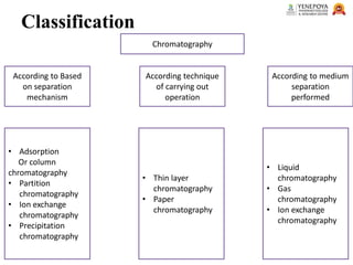 Classification
Chromatography
According to Based
on separation
mechanism
According to medium
separation
performed
According technique
of carrying out
operation
• Adsorption
Or column
chromatography
• Partition
chromatography
• Ion exchange
chromatography
• Precipitation
chromatography
• Liquid
chromatography
• Gas
chromatography
• Ion exchange
chromatography
• Thin layer
chromatography
• Paper
chromatography
 