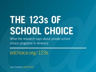 THE 123s OF
SCHOOL CHOICE
What the research says about private school
choice programs in America
edchoice.org/123s
Last Updated 04/01/2022
 