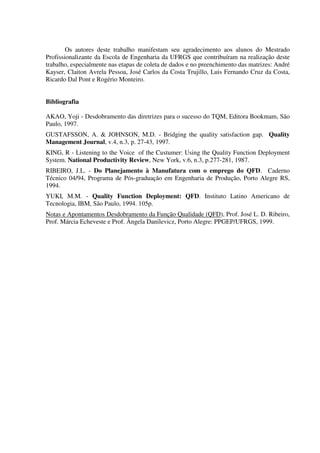 Os autores deste trabalho manifestam seu agradecimento aos alunos do Mestrado
Profissionalizante da Escola de Engenharia da UFRGS que contribuíram na realização deste
trabalho, especialmente nas etapas de coleta de dados e no preenchimento das matrizes: André
Kayser, Claiton Avrela Pessoa, José Carlos da Costa Trujillo, Luis Fernando Cruz da Costa,
Ricardo Dal Pont e Rogério Monteiro.


Bibliografia

AKAO, Yoji - Desdobramento das diretrizes para o sucesso do TQM, Editora Bookmam, São
Paulo, 1997.
GUSTAFSSON, A. & JOHNSON, M.D. - Bridging the quality satisfaction gap. Quality
Management Journal, v.4, n.3, p. 27-43, 1997.
KING, R - Listening to the Voice of the Custumer: Using the Quality Function Deployment
System. National Productivity Review, New York, v.6, n.3, p.277-281, 1987.
RIBEIRO, J.L. - Do Planejamento à Manufatura com o emprego do QFD. Caderno
Técnico 04/94, Programa de Pós-graduação em Engenharia de Produção, Porto Alegre RS,
1994.
YUKI, M.M. - Quality Function Deployment: QFD. Instituto Latino Americano de
Tecnologia, IBM, São Paulo, 1994. 105p.
Notas e Apontamentos Desdobramento da Função Qualidade (QFD), Prof. José L. D. Ribeiro,
Prof. Márcia Echeveste e Prof. Ângela Danilevicz, Porto Alegre: PPGEP/UFRGS, 1999.
 