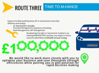 ROUTE THREE TIME TO M-HANCE
Explore the Miicroso Dynamics GP m-hancements that drive
eﬀiciency and savings
By adopting the right m-hancement module to an
existing MSDYNGP ERP solution, one single m-hance
customer identified a £100,000 annual saving
£1 ,
We would like to work more closely with you to
optimise your business and save thousands through
eﬀiciencies while putting you in poll position for
rapid decision making
m-hancement include:
Purchase Management; Expenses; eInvoicing;
Bank Management; VAT Management
 