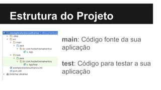 Estrutura do Projeto
main: Código fonte da sua
aplicação
test: Código para testar a sua
aplicação
 