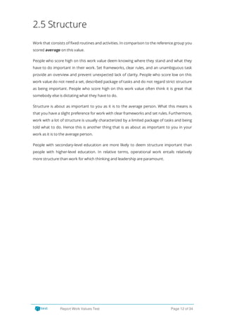 2.5 Structure
Work that consists of fixed routines and activities. In comparison to the reference group you
scored average on this value.
People who score high on this work value deem knowing where they stand and what they
have to do important in their work. Set frameworks, clear rules, and an unambiguous task
provide an overview and prevent unexpected lack of clarity. People who score low on this
work value do not need a set, described package of tasks and do not regard strict structure
as being important. People who score high on this work value often think it is great that
somebody else is dictating what they have to do.
Structure is about as important to you as it is to the average person. What this means is
that you have a slight preference for work with clear frameworks and set rules. Furthermore,
work with a lot of structure is usually characterized by a limited package of tasks and being
told what to do. Hence this is another thing that is as about as important to you in your
work as it is to the average person.
People with secondary-level education are more likely to deem structure important than
people with higher-level education. In relative terms, operational work entails relatively
more structure than work for which thinking and leadership are paramount.
Report Work Values Test Page 12 of 34
 