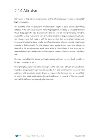 2.14 Altruism
Work done to help others. In comparison to the reference group you scored extremely
high on this value.
The extent to which you consider it important to be helpful to other people is something
re ected in the work value altruism. Hence helping others and being of service to them are
things that people who hold this work value dear are keen on. They prefer doing work that
is useful for society in general to work primarily characterized by personal gain. People who
score low are more likely to agree with the statement that their personal gain is important.
In general, it holds that being helpful and of signi cance to others is important to the vast
majority of Dutch people. For that reason, lower scores do not mean that altruism is
deemed to be an unimportant work value. What it does indicate is that they are not
necessarily looking for work in which e orts geared towards others constitute a signi cant
part.
Devoting yourself to other people and helping people are things you very clearly consider to
be a very important in work.
Unsurprisingly, people who score very high on the work value altruism are usually less
xated on the pursuit of high nancial rewards. They also score lower on the work value
autonomy with a relatively greater degree of frequency. Furthermore, they are more likely
to believe that good social relationships with colleagues is important. Women generally
score a little bit higher on this work value than men.
Report Work Values Test Page 21 of 34
 