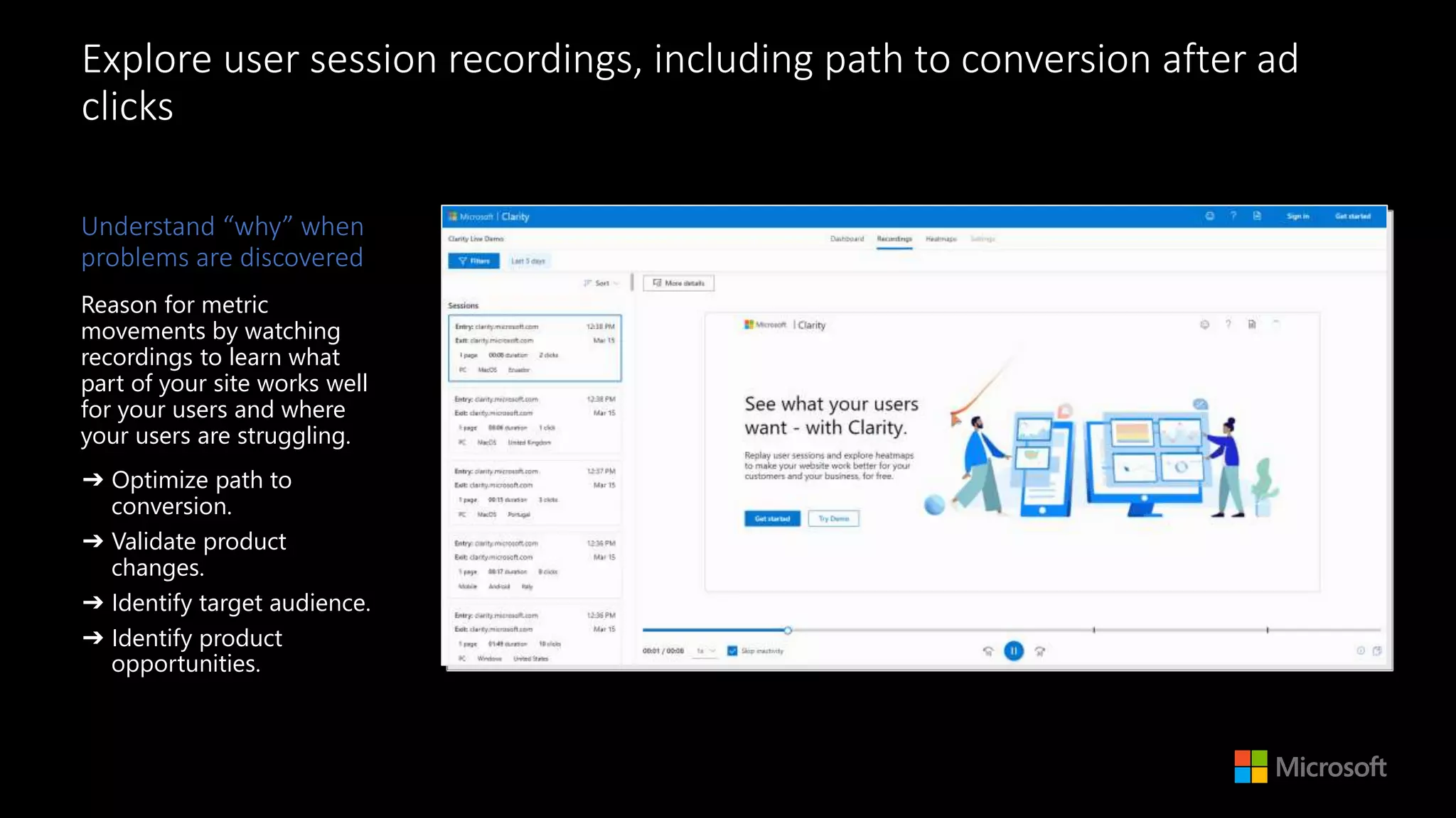 Explore user session recordings, including path to conversion after ad
clicks
Understand “why” when
problems are discovered
Reason for metric
movements by watching
recordings to learn what
part of your site works well
for your users and where
your users are struggling.
➔ Optimize path to
conversion.
➔ Validate product
changes.
➔ Identify target audience.
➔ Identify product
opportunities.
 