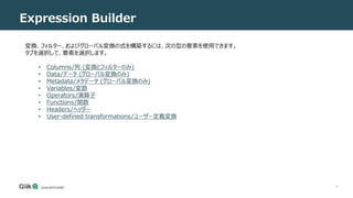 10
Expression Builder
変換、フィルター、およびグローバル変換の式を構築するには、次の型の要素を使用できます。
タブを選択して、要素を選択します。
• Columns/列 (変換とフィルターのみ)
• Data/データ (グローバル変換のみ)
• Metadata/メタデータ (グローバル変換のみ)
• Variables/変数
• Operators/演算子
• Functions/関数
• Headers/ヘッダー
• User-defined transformations/ユーザー定義変換
 