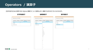 18
Operators / 演算子
式を作成するために使用できる SQLite 演算子について説明します。演算子は次のカテゴリに分けられます。
文字列演算子 論理演算子 数学演算子
 