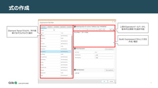 5
式の作成
Element Paneパネルから、列や演
算子をダブルクリックで選択
上部のOperatorツールバーから、
基本的な演算子を選択可能
Build Expressionパネル上で式を
作成・確認
 