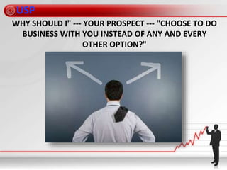 USP
WHY SHOULD I" --- YOUR PROSPECT --- "CHOOSE TO DO
BUSINESS WITH YOU INSTEAD OF ANY AND EVERY
OTHER OPTION?"
 