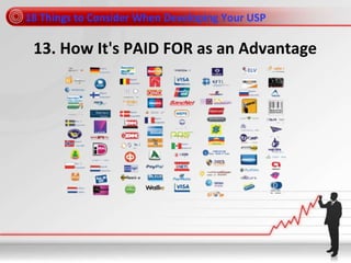 18 Things to Consider When Developing Your USP
13. How It's PAID FOR as an Advantage
 