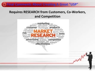 Final Comments About Creating A Great "USP"
Requires RESEARCH from Customers, Co-Workers,
and Competition
 