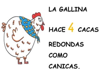 LA GALLINA
HACE 4 CACAS
REDONDAS
COMO
CANICAS.