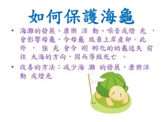 如何保護海龜
• 海灘的發展、康樂 活 動、噪音或燈 光 ，
會影響母龜，令母龜 放棄上岸產卵。此
外 ， 強 光 會令 剛 孵化的幼龜迷失 前
往 大海的方向，因而導致死亡 。
• 改善的方法：减少海 灘 的發展、康樂活
動 或燈光
 