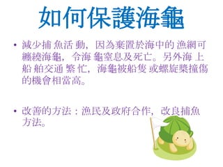 • 減少捕 魚活 動，因為棄置於海中的 漁網可
纏繞海龜，令海 龜窒息及死亡。另外海 上
船 舶交通 繁 忙，海龜被船隻 或螺旋槳撞傷
的機會相當高。
• 改善的方法：漁民及政府合作，改良捕魚
方法。
如何保護海龜
 