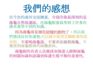 在今次的惠州交流團裏，令我印象最深刻的是
海龜自然保護區。在海龜館裏我學到了許多在
課本裏學不到的知識。
因為海龜而是瀕危絕種的動物了，所以我
們應該好好保護牠:可以減少使用含鏻較多的洗
衣粉、不要喝海龜湯、不要非法捕殺海龜、不
應該到海龜繁殖的海灘游泳。
海龜館的負責人員應該加強遊人瞭解海龜
的相關知識和認識到保護生態平衡的重要性。
我們的感想
 