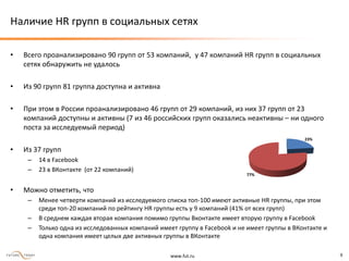 www.fut.ru 9
Наличие HR групп в социальных сетях
• Всего проанализировано 90 групп от 53 компаний, у 47 компаний HR групп в социальных
сетях обнаружить не удалось
• Из 90 групп 81 группа доступна и активна
• При этом в России проанализировано 46 групп от 29 компаний, из них 37 групп от 23
компаний доступны и активны (7 из 46 российских групп оказались неактивны – ни одного
поста за исследуемый период)
• Из 37 групп
– 14 в Facebook
– 23 в ВКонтакте (от 22 компаний)
• Можно отметить, что
– Менее четверти компаний из исследуемого списка топ-100 имеют активные HR группы, при этом
среди топ-20 компаний по рейтингу HR группы есть у 9 компаний (41% от всех групп)
– В среднем каждая вторая компания помимо группы Вконтакте имеет вторую группу в Facebook
– Только одна из исследованных компаний имеет группу в Facebook и не имеет группы в ВКонтакте и
одна компания имеет целых две активных группы в ВКонтакте
23%
77%
 
