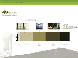 Naturalism Life style  ‘  ORIGINS  ' design by jang mi-jeong space planning Info. Hair care Body care   Skin care Photo zone 