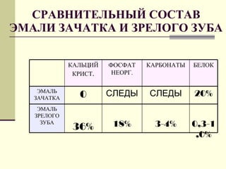 СРАВНИТЕЛЬНЫЙ СОСТАВ ЭМАЛИ ЗАЧАТКА И ЗРЕЛОГО ЗУБА КАЛЬЦИЙ КРИСТ . ФОСФАТ НЕОРГ. КАРБОНАТЫ БЕЛОК ЭМАЛЬ ЗАЧАТКА 0 СЛЕДЫ СЛЕДЫ 20% ЭМАЛЬ ЗРЕЛОГО ЗУБА 36% 18% 3-4% 0,3-1,0% 