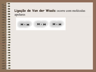 Ligação de Van der Waals: ocorre com moléculas
apolares
 