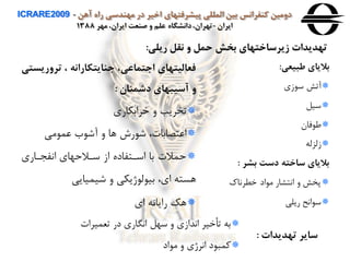 ‫آهن‬ ‫راه‬ ‫مهندسی‬ ‫در‬ ‫اخير‬ ‫پيشرفتهای‬ ‫المللی‬ ‫بين‬ ‫كنفرانس‬ ‫دومين‬ICRARE2009 -
‫ايران‬-‫مهر‬ ،‫ايران‬ ‫صنعت‬ ‫و‬ ‫علم‬ ‫دانشگاه‬،‫تهران‬1388
‫ريلی‬ ‫نقل‬ ‫و‬ ‫حمل‬ ‫بخش‬ ‫هيرساختهای‬ ‫تهديدات‬:
‫ترور‬ ، ‫جنايتکارانه‬ ،‫اجتماعی‬ ‫فعاليتهای‬‫يستی‬
‫دشمنان‬ ‫آسيبهای‬ ‫و‬:
‫خرابكاري‬ ‫ه‬ ‫تخریب‬
‫می‬ ‫عم‬ ‫ب‬ ‫آش‬ ‫ه‬ ‫ها‬ ‫ر‬ ‫ش‬ ، ‫اعتصابا‬
‫اافجااري‬ ‫ساالحهاي‬ ‫از‬ ‫اساتفاده‬ ‫با‬ ‫حمال‬
‫شيميایی‬ ‫ه‬ ‫ژیكی‬ ‫ل‬ ‫بي‬ ،‫اي‬ ‫هسته‬
‫اي‬ ‫رایااه‬ ‫هک‬
‫طبيعی‬ ‫باليای‬:
‫زي‬ ‫س‬ ‫آتش‬
‫سيل‬
‫فان‬ ‫ط‬
‫زلزله‬
‫بشر‬ ‫دست‬ ‫ساخته‬ ‫باليای‬:
‫خطرااك‬ ‫اد‬ ‫م‬ ‫ااترار‬ ‫ه‬ ‫پخش‬
‫ریلی‬ ‫ااح‬ ‫س‬
‫تعميرا‬ ‫در‬ ‫ااگاري‬ ‫سهل‬ ‫ه‬ ‫اادازي‬ ‫تأخير‬ ‫به‬
‫اد‬ ‫م‬ ‫ه‬ ‫اارژي‬ ‫د‬ ‫ومب‬
‫تهديدات‬ ‫ساير‬:
 