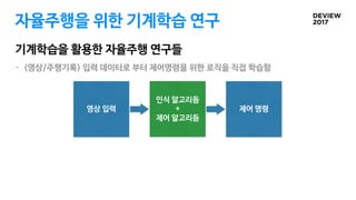 자율주행을 위한 기계학습 연구
기계학습을 활용한 자율주행 연구들
- (영상/주행기록) 입력 데이터로 부터 제어명령을 위한 로직을 직접 학습함
영상 입력 제어 명령
인식 알고리듬 
+

제어 알고리듬
 