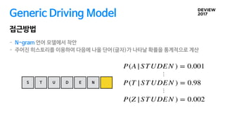 Generic Driving Model
접근방법
- N-gram 언어 모델에서 착안

- 주어진 히스토리를 이용하여 다음에 나올 단어(글자)가 나타날 확률을 통계적으로 계산
S T U D E N
…
P(Z |STUDEN ) = 0.002
P(T |STUDEN ) = 0.98
…
P(A|STUDEN ) = 0.001
 