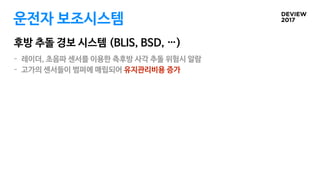 운전자 보조시스템
후방 추돌 경보 시스템 (BLIS, BSD, …)
- 레이더, 초음파 센서를 이용한 측후방 사각 추돌 위험시 알람

- 고가의 센서들이 범퍼에 매립되어 유지관리비용 증가
 