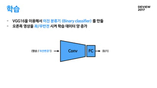 학습
- VGG16을 이용해서 이진 분류기 (Binary classifier) 를 만듦

- 오른쪽 영상을 좌/우반전 시켜 학습 데이터 양 증가
Conv FC{영상 / 차선변경?} {0/1}
 