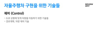 자율주행차 구현을 위한 기술들
제어 (Control)
- 도로 상황에 맞게 차량을 이동하기 위한 기술들

- 경로계획, 차량 제어 기술
 