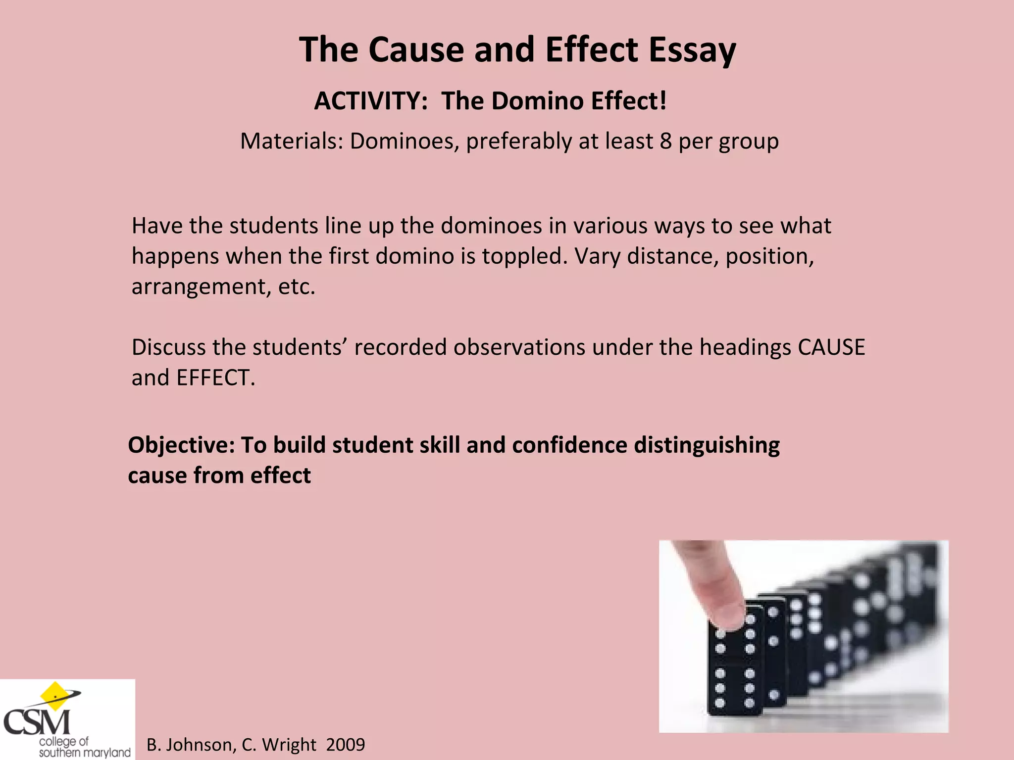 B. Johnson, C. Wright  2009 The Cause and Effect Essay ACTIVITY:  The Domino Effect! Materials: Dominoes, preferably at least 8 per group Have the students line up the dominoes in various ways to see what  happens when the first domino is toppled. Vary distance, position,  arrangement, etc.  Discuss the students’ recorded observations under the headings CAUSE  and EFFECT.  Objective: To build student skill and confidence distinguishing  cause from effect 