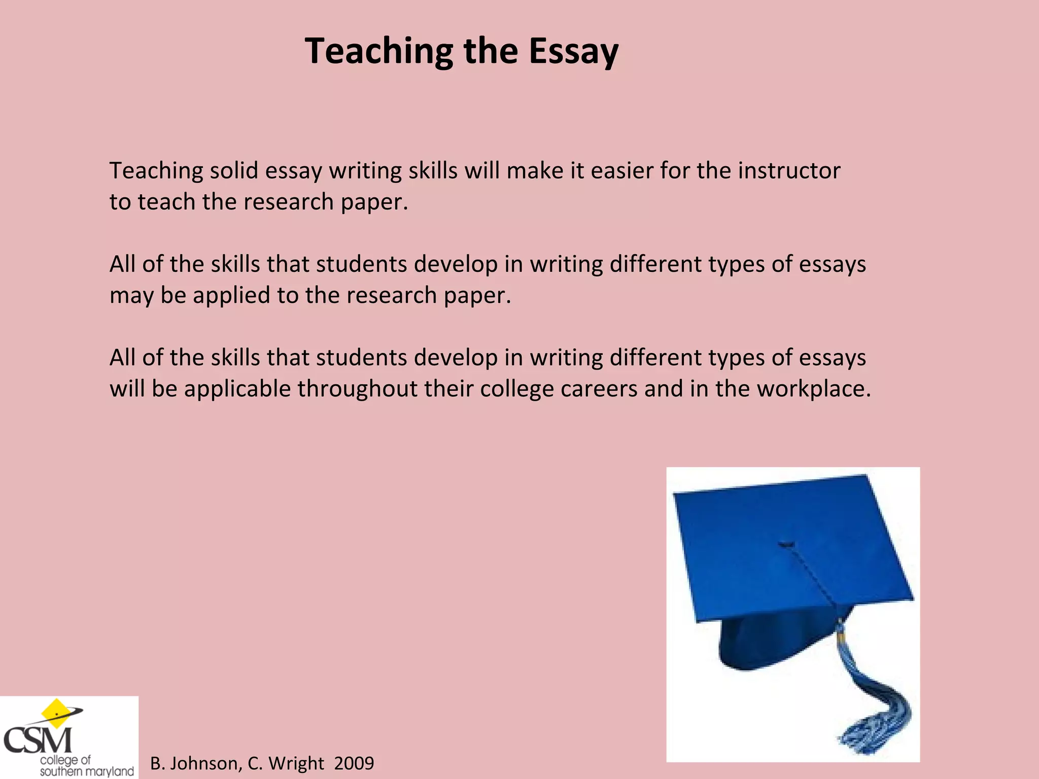 B. Johnson, C. Wright  2009 Teaching the Essay Teaching solid essay writing skills will make it easier for the instructor  to teach the research paper.  All of the skills that students develop in writing different types of essays  may be applied to the research paper.  All of the skills that students develop in writing different types of essays  will be applicable throughout their college careers and in the workplace.  