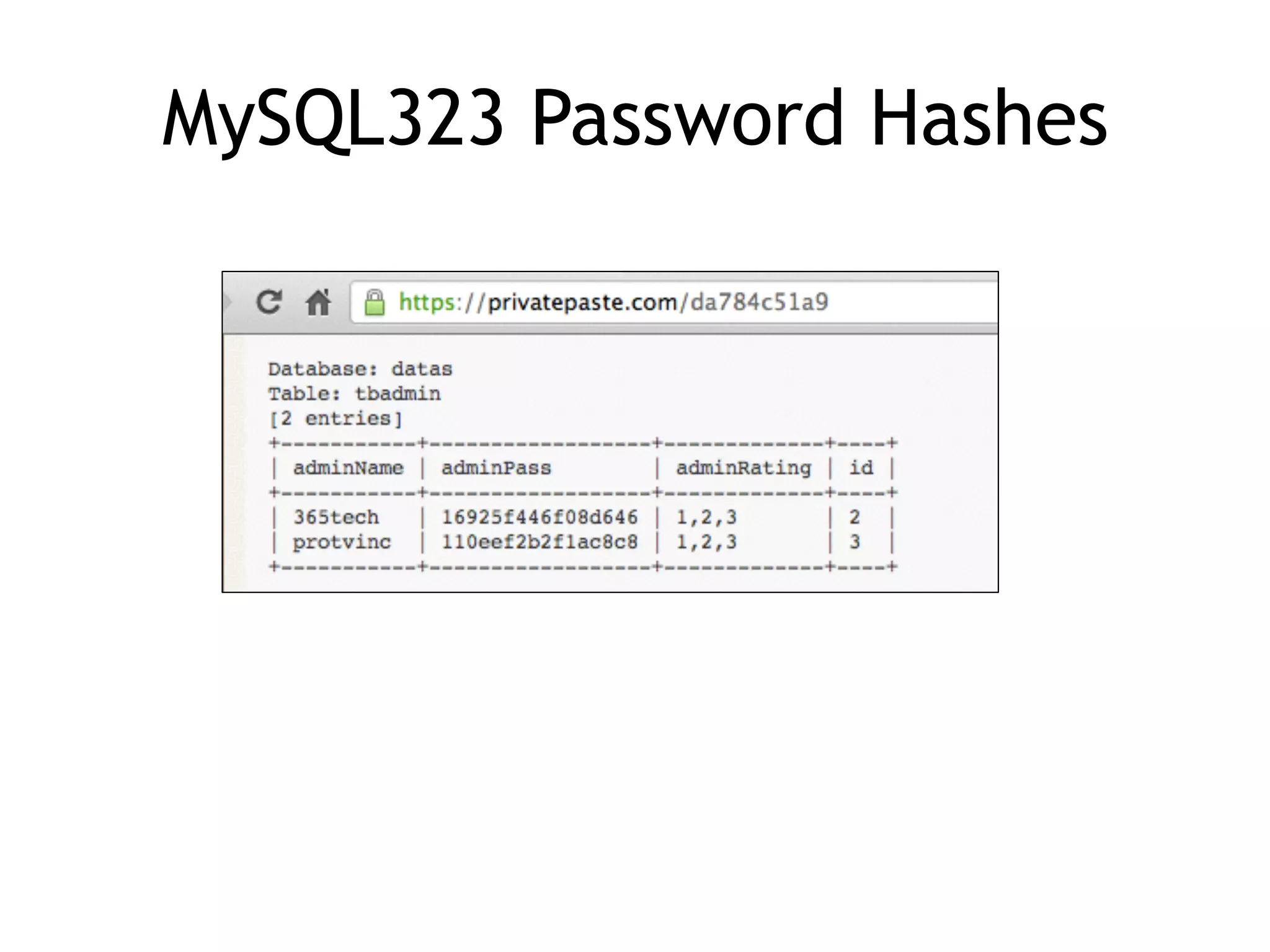MySQL323 Password Hashes
 