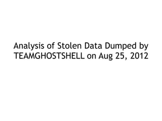 Analysis of Stolen Data Dumped by
TEAMGHOSTSHELL on Aug 25, 2012
 