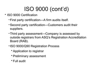 ISO 9000 (cont’d)
• ISO 9000 Certification
–First party certification—A firm audits itself.
–Second party certification—Customers audit their
suppliers.
–Third party assessment—Company is assessed by
outside registrars from ASQ’s Registration Accreditation
Board (RAB).
–ISO 9000/Q90 Registration Process
• Application to registrar
• Preliminary assessment
• Full audit
 