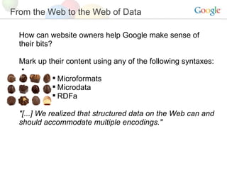 From the Web to the Web of Data How can website owners help Google make sense of their bits? Mark up their content using any of the following syntaxes:   Microformats Microdata RDFa "[...] We realized that structured data on the Web can and should accommodate multiple encodings." 