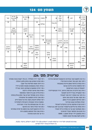 ‫שלנו‬ ‫ירושלים‬ | 124 '‫מס‬ ‫מגזין‬ | 2017 - ‫אפריל‬ 44
124 ‫מס׳‬ ‫תשחץ‬
?‫ארה"ב‬ ‫לנשיאות‬ ‫הראשונות‬ ‫בבחירות‬ ‫השני‬ ‫למקום‬ ‫הגיע‬ ‫מי‬ •
?‫הניאדרטלי‬ ‫האדם‬ ‫נכחד‬ ‫זמן‬ ‫כמה‬ ‫לפני‬ •
?‫בגאצקיס‬ ‫איינרס‬ ‫מאמן‬ ‫כדורסל‬ ‫נבחרת‬ ‫איזו‬ •
‫הברווז‬ ‫הליכת‬ ‫הפיכת‬ ‫מיוחסת‬ ‫למי‬ •
?‫גיטריסטים‬ ‫בקרב‬ ‫לפופולרית‬
?"‫הקרוקודילים‬ ‫"צייד‬ ,‫אירווין‬ ‫סטיב‬ ‫את‬ ‫הרג‬ ‫חיים‬ ‫בעל‬ ‫איזה‬ •
?‫לוטננט‬ ‫לדרגת‬ ‫בצה"ל‬ ‫המקבילה‬ ‫מהי‬ •
?"‫לנשים‬ ‫ספר‬ ‫"בית‬ ‫המחזה‬ ‫את‬ ‫חיבר‬ ‫מי‬ •
?‫איתן‬ ‫נווה‬ ‫קיבוץ‬ ‫של‬ ‫שמו‬ ‫מקור‬ ‫מה‬ •
‫כאסון‬ ‫צ'רצ'יל‬ ‫וינסטון‬ ‫התייחס‬ ‫למה‬ •
?‫הבריטי‬ ‫הצבא‬ ‫בתולדות‬ ‫הגדול‬
?‫לישראל‬ ‫כימיקלים‬ ‫שייכת‬ ‫אחזקות‬ ‫חברת‬ ‫לאיזו‬ •
?"what you will" ‫גם‬ ‫נקרא‬ ‫שייקספיר‬ ‫וויליאם‬ ‫של‬ ‫מחזה‬ ‫איזה‬ •
?‫פנטזי‬ ‫פיינל‬ ‫בסדרת‬ ‫כה‬ ‫עד‬ ‫יצאו‬ ‫משחקים‬ ‫כמה‬ •
?‫לגרמנית‬ ‫הבבלי‬ ‫התלמוד‬ ‫את‬ ‫תרגם‬ ‫מי‬ •
?WWE -‫ב‬ ‫חתום‬ ‫ישראל‬ ‫יליד‬ ‫מתאבק‬ ‫איזה‬ •
?‫רוחמה‬ ‫קיבוץ‬ ‫של‬ ‫שמו‬ ‫לקוח‬ ‫מהיכן‬ •
?‫מואזין‬ ‫בוכה‬ ‫יישובים‬ ‫אלו‬ ‫בין‬ ,"‫רמאללה‬ ‫"רדיו‬ ‫השיר‬ ‫לפי‬ •
?‫דאגלס‬ ‫מלווין‬ ‫שיחק‬ ‫שבו‬ ‫האחרון‬ ‫הסרט‬ ‫מהו‬ •
?‫יעקב‬ ‫של‬ ‫השלישית‬ ‫אשתו‬ ‫הייתה‬ ‫מי‬ •
?‫גריזלי‬ ‫פסגת‬ ‫נמצאת‬ ‫שעשועים‬ ‫פארק‬ ‫באיזה‬ •
?‫בצה"ל‬ ‫ביותר‬ ‫הוותיקה‬ ‫המחשבים‬ ‫יחידת‬ ‫מהי‬ •
?‫צ'יזבט‬ ‫המילה‬ ‫מגיעה‬ ‫שפה‬ ‫מאיזו‬ •
?‫באוהאוס‬ ‫הספר‬ ‫בית‬ ‫שכן‬ ‫מדינה‬ ‫באיזו‬ •
?‫סהלו‬ ‫ואילק‬ ‫אלמו‬ ‫אורי‬ ‫חברים‬ ‫מוסיקלי‬ ‫הרכב‬ ‫באיזה‬ •
?‫שימפנזה‬ ‫של‬ ‫הממוצע‬ ‫החיים‬ ‫אורך‬ ‫מהו‬ •
‫חיים‬ ‫מפעל‬ ‫על‬ ‫פרס‬ ‫השנה‬ ‫להעניק‬ ‫הוחלט‬ ‫למי‬ •
?‫לטלוויזיה‬ ‫הישראלית‬ ‫האקדמיה‬ ‫פרסי‬ ‫במסגרת‬
?‫רמברנדט‬ ‫הצייר‬ ‫של‬ ‫משפחתו‬ ‫שם‬ ‫היה‬ ‫מה‬ •
?‫התיכון‬ ‫בים‬ ‫ביותר‬ ‫הגדול‬ ‫האי‬ ‫מהו‬ •
?‫שחורים‬ ‫חורים‬ ‫של‬ ‫קיומם‬ ‫את‬ ‫להציע‬ ‫הראשון‬ ‫היה‬ ‫מי‬ •
?‫יורו‬ ‫במטבע‬ ‫השימוש‬ ‫החל‬ ‫שנה‬ ‫באיזו‬ •
?‫פנדורה‬ ‫תיבת‬ ‫את‬ ‫יצר‬ ‫מי‬ •
124 ‫מס׳‬ ‫טריוויה‬
.91181 :‫מיקוד‬ ,‫ירושלים‬ 18127 ‫ת"ד‬ ‫שלנו‬ ‫ירושלים‬ ‫למגזין‬ ‫לשלוח‬ ‫יש‬ ‫ולטריוויה‬ ‫לתשחץ‬ ‫פתרונות‬
‫ספרים‬ ‫יוגרלו‬ ‫נכונה‬ ‫הפותרים‬ ‫בין‬
 