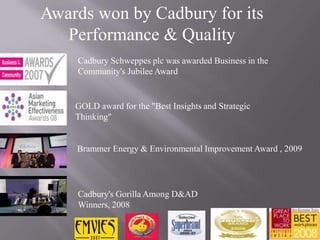 Awards won by Cadbury for its
   Performance & Quality
    Cadbury Schweppes plc was awarded Business in the
    Community's Jubilee Award


    GOLD award for the "Best Insights and Strategic
    Thinking"


    Brammer Energy & Environmental Improvement Award , 2009




    Cadbury's Gorilla Among D&AD
    Winners, 2008
 