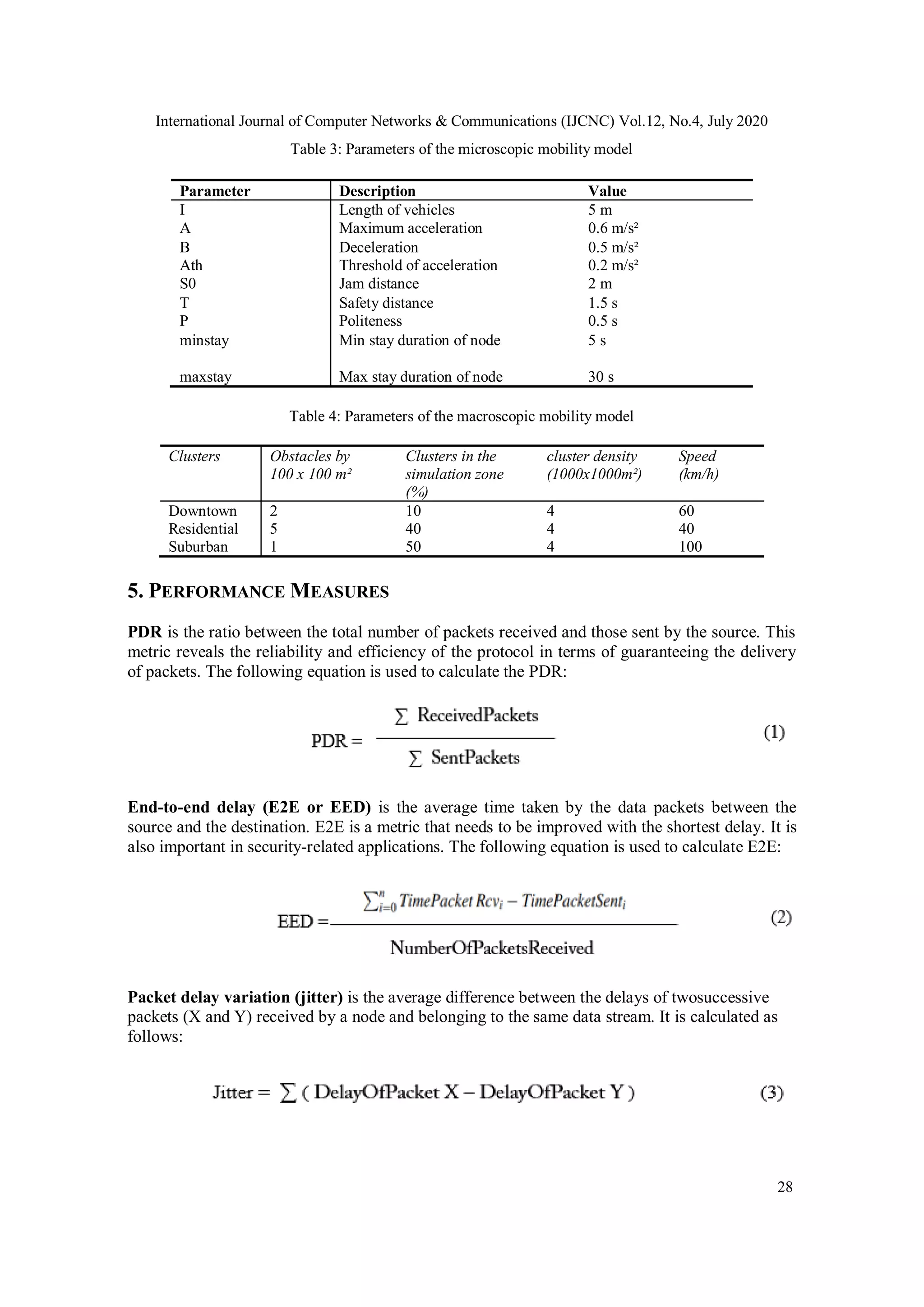 International Journal of Computer Networks & Communications (IJCNC) Vol.12, No.4, July 2020
28
Table 3: Parameters of the microscopic mobility model
Parameter Description Value
I Length of vehicles 5 m
A Maximum acceleration 0.6 m/s²
B Deceleration 0.5 m/s²
Ath Threshold of acceleration 0.2 m/s²
S0 Jam distance 2 m
T Safety distance 1.5 s
P Politeness 0.5 s
minstay Min stay duration of node 5 s
maxstay Max stay duration of node 30 s
Table 4: Parameters of the macroscopic mobility model
Clusters Obstacles by
100 x 100 m²
Clusters in the
simulation zone
(%)
cluster density
(1000x1000m²)
Speed
(km/h)
Downtown 2 10 4 60
Residential 5 40 4 40
Suburban 1 50 4 100
5. PERFORMANCE MEASURES
PDR is the ratio between the total number of packets received and those sent by the source. This
metric reveals the reliability and efficiency of the protocol in terms of guaranteeing the delivery
of packets. The following equation is used to calculate the PDR:
End-to-end delay (E2E or EED) is the average time taken by the data packets between the
source and the destination. E2E is a metric that needs to be improved with the shortest delay. It is
also important in security-related applications. The following equation is used to calculate E2E:
Packet delay variation (jitter) is the average difference between the delays of twosuccessive
packets (X and Y) received by a node and belonging to the same data stream. It is calculated as
follows:
 