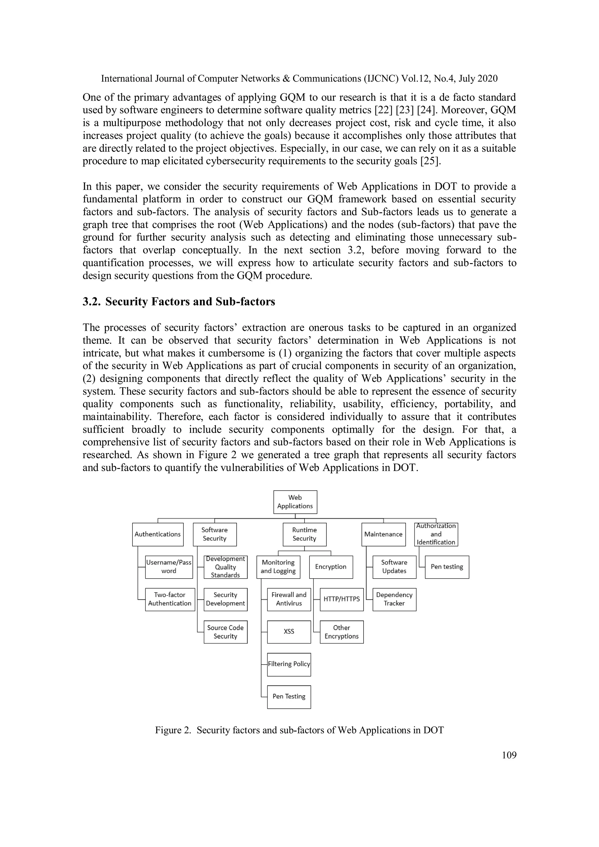 International Journal of Computer Networks & Communications (IJCNC) Vol.12, No.4, July 2020 109 One of the primary advantages of applying GQM to our research is that it is a de facto standard used by software engineers to determine software quality metrics [22] [23] [24]. Moreover, GQM is a multipurpose methodology that not only decreases project cost, risk and cycle time, it also increases project quality (to achieve the goals) because it accomplishes only those attributes that are directly related to the project objectives. Especially, in our case, we can rely on it as a suitable procedure to map elicitated cybersecurity requirements to the security goals [25]. In this paper, we consider the security requirements of Web Applications in DOT to provide a fundamental platform in order to construct our GQM framework based on essential security factors and sub-factors. The analysis of security factors and Sub-factors leads us to generate a graph tree that comprises the root (Web Applications) and the nodes (sub-factors) that pave the ground for further security analysis such as detecting and eliminating those unnecessary sub- factors that overlap conceptually. In the next section 3.2, before moving forward to the quantification processes, we will express how to articulate security factors and sub-factors to design security questions from the GQM procedure. 3.2. Security Factors and Sub-factors The processes of security factors’ extraction are onerous tasks to be captured in an organized theme. It can be observed that security factors’ determination in Web Applications is not intricate, but what makes it cumbersome is (1) organizing the factors that cover multiple aspects of the security in Web Applications as part of crucial components in security of an organization, (2) designing components that directly reflect the quality of Web Applications’ security in the system. These security factors and sub-factors should be able to represent the essence of security quality components such as functionality, reliability, usability, efficiency, portability, and maintainability. Therefore, each factor is considered individually to assure that it contributes sufficient broadly to include security components optimally for the design. For that, a comprehensive list of security factors and sub-factors based on their role in Web Applications is researched. As shown in Figure 2 we generated a tree graph that represents all security factors and sub-factors to quantify the vulnerabilities of Web Applications in DOT. Figure 2. Security factors and sub-factors of Web Applications in DOT 