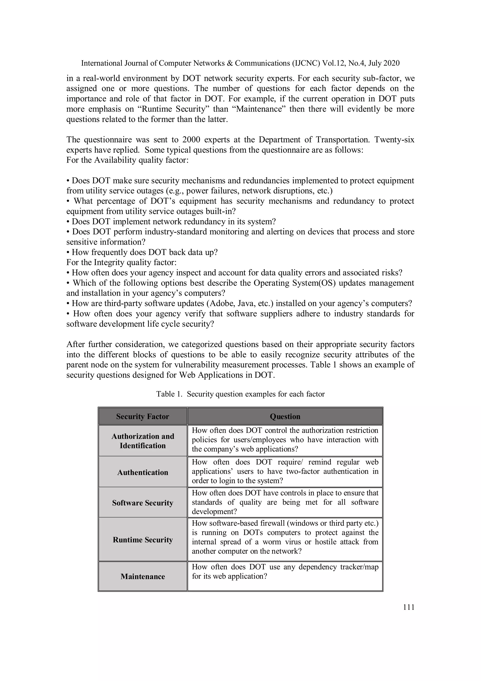 International Journal of Computer Networks & Communications (IJCNC) Vol.12, No.4, July 2020 111 in a real-world environment by DOT network security experts. For each security sub-factor, we assigned one or more questions. The number of questions for each factor depends on the importance and role of that factor in DOT. For example, if the current operation in DOT puts more emphasis on “Runtime Security” than “Maintenance” then there will evidently be more questions related to the former than the latter. The questionnaire was sent to 2000 experts at the Department of Transportation. Twenty-six experts have replied. Some typical questions from the questionnaire are as follows: For the Availability quality factor: • Does DOT make sure security mechanisms and redundancies implemented to protect equipment from utility service outages (e.g., power failures, network disruptions, etc.) • What percentage of DOT’s equipment has security mechanisms and redundancy to protect equipment from utility service outages built-in? • Does DOT implement network redundancy in its system? • Does DOT perform industry-standard monitoring and alerting on devices that process and store sensitive information? • How frequently does DOT back data up? For the Integrity quality factor: • How often does your agency inspect and account for data quality errors and associated risks? • Which of the following options best describe the Operating System(OS) updates management and installation in your agency’s computers? • How are third-party software updates (Adobe, Java, etc.) installed on your agency’s computers? • How often does your agency verify that software suppliers adhere to industry standards for software development life cycle security? After further consideration, we categorized questions based on their appropriate security factors into the different blocks of questions to be able to easily recognize security attributes of the parent node on the system for vulnerability measurement processes. Table 1 shows an example of security questions designed for Web Applications in DOT. Table 1. Security question examples for each factor Security Factor Question Authorization and Identification How often does DOT control the authorization restriction policies for users/employees who have interaction with the company’s web applications? Authentication How often does DOT require/ remind regular web applications’ users to have two-factor authentication in order to login to the system? Software Security How often does DOT have controls in place to ensure that standards of quality are being met for all software development? Runtime Security How software-based firewall (windows or third party etc.) is running on DOTs computers to protect against the internal spread of a worm virus or hostile attack from another computer on the network? Maintenance How often does DOT use any dependency tracker/map for its web application? 