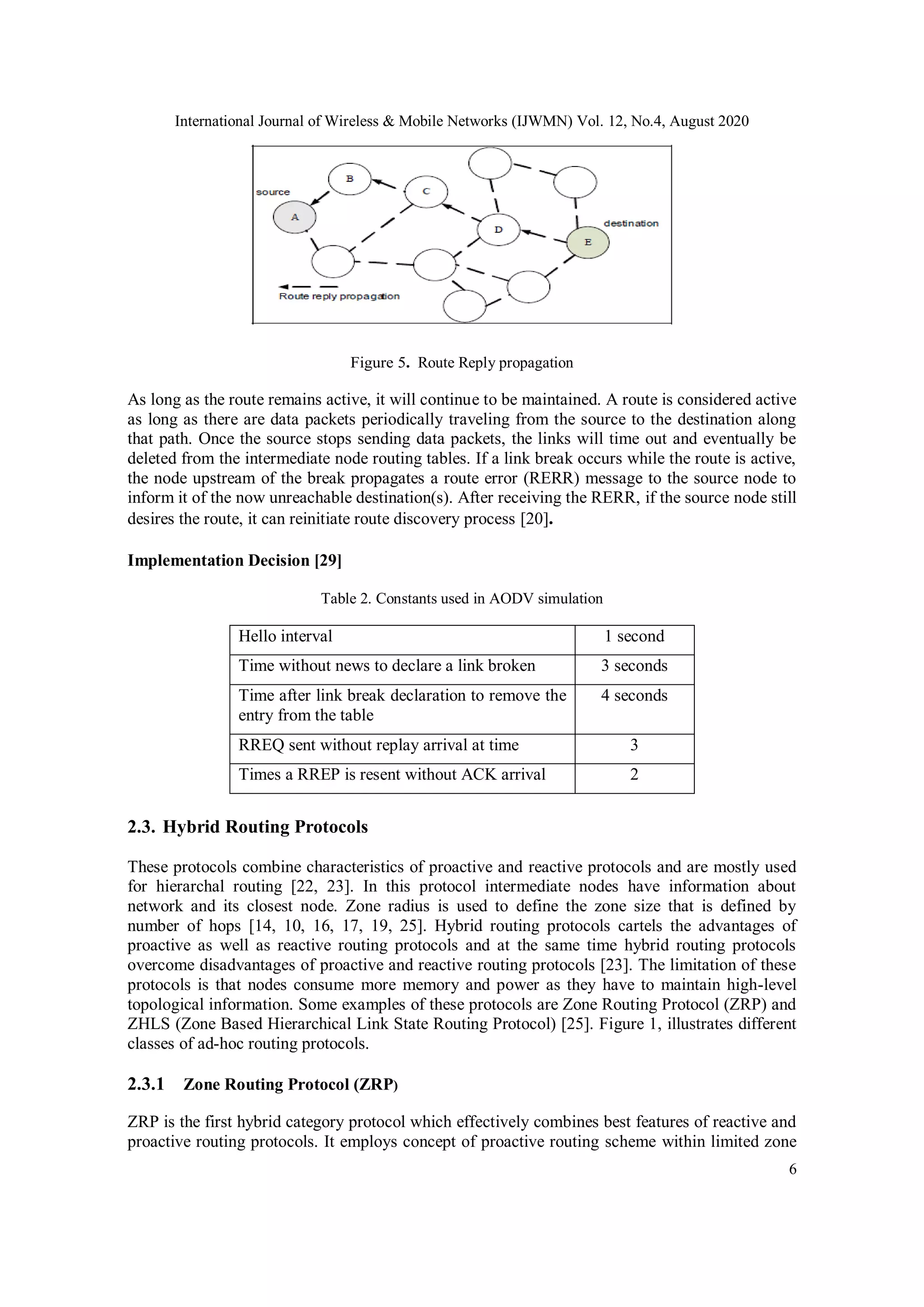 International Journal of Wireless & Mobile Networks (IJWMN) Vol. 12, No.4, August 2020
6
Figure 5. Route Reply propagation
As long as the route remains active, it will continue to be maintained. A route is considered active
as long as there are data packets periodically traveling from the source to the destination along
that path. Once the source stops sending data packets, the links will time out and eventually be
deleted from the intermediate node routing tables. If a link break occurs while the route is active,
the node upstream of the break propagates a route error (RERR) message to the source node to
inform it of the now unreachable destination(s). After receiving the RERR, if the source node still
desires the route, it can reinitiate route discovery process [20].
Implementation Decision [29]
Table 2. Constants used in AODV simulation
Hello interval 1 second
Time without news to declare a link broken 3 seconds
Time after link break declaration to remove the
entry from the table
4 seconds
RREQ sent without replay arrival at time 3
Times a RREP is resent without ACK arrival 2
2.3. Hybrid Routing Protocols
These protocols combine characteristics of proactive and reactive protocols and are mostly used
for hierarchal routing [22, 23]. In this protocol intermediate nodes have information about
network and its closest node. Zone radius is used to define the zone size that is defined by
number of hops [14, 10, 16, 17, 19, 25]. Hybrid routing protocols cartels the advantages of
proactive as well as reactive routing protocols and at the same time hybrid routing protocols
overcome disadvantages of proactive and reactive routing protocols [23]. The limitation of these
protocols is that nodes consume more memory and power as they have to maintain high-level
topological information. Some examples of these protocols are Zone Routing Protocol (ZRP) and
ZHLS (Zone Based Hierarchical Link State Routing Protocol) [25]. Figure 1, illustrates different
classes of ad-hoc routing protocols.
2.3.1 Zone Routing Protocol (ZRP)
ZRP is the first hybrid category protocol which effectively combines best features of reactive and
proactive routing protocols. It employs concept of proactive routing scheme within limited zone
 