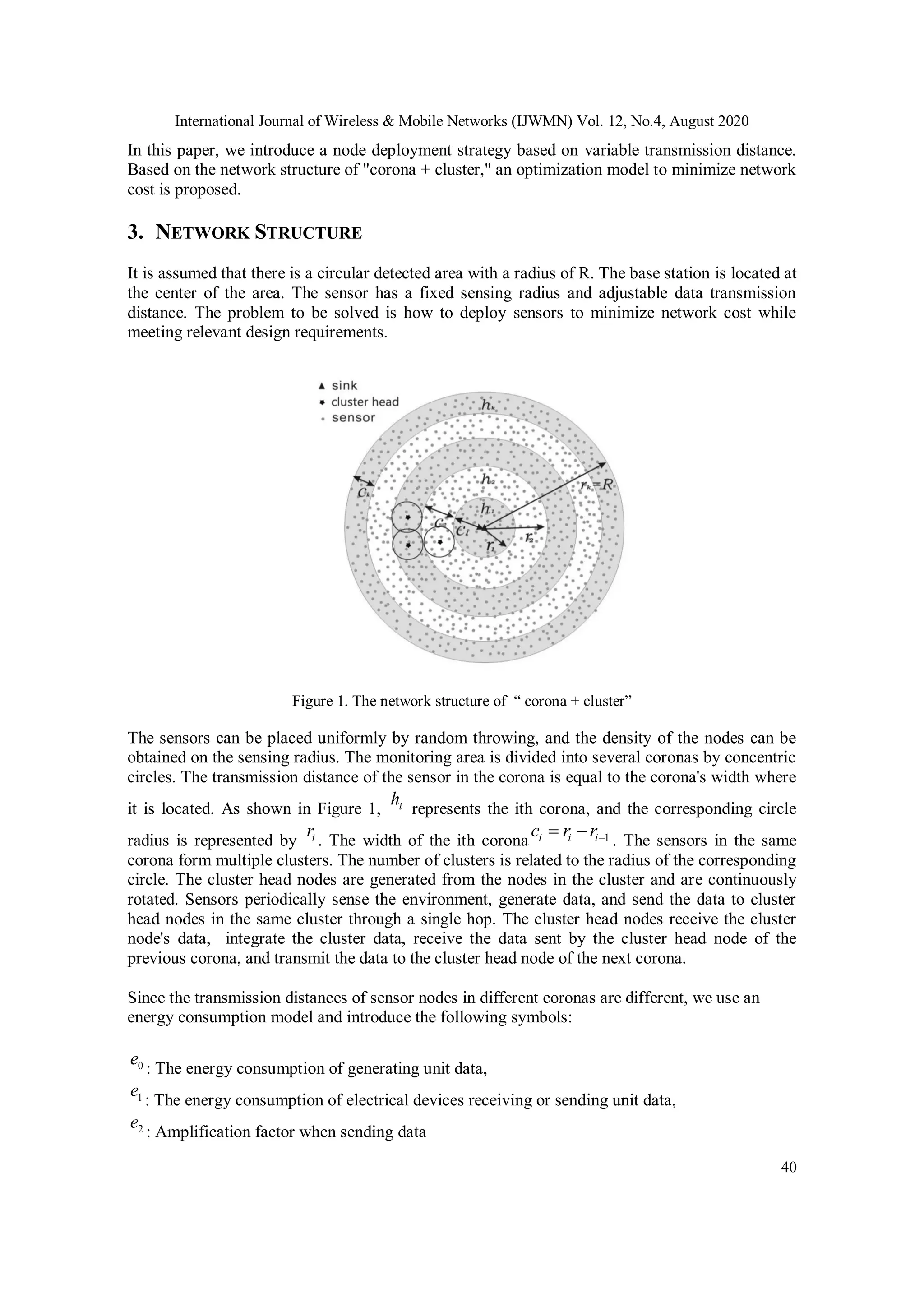 International Journal of Wireless & Mobile Networks (IJWMN) Vol. 12, No.4, August 2020 40 In this paper, we introduce a node deployment strategy based on variable transmission distance. Based on the network structure of "corona + cluster," an optimization model to minimize network cost is proposed. 3. NETWORK STRUCTURE It is assumed that there is a circular detected area with a radius of R. The base station is located at the center of the area. The sensor has a fixed sensing radius and adjustable data transmission distance. The problem to be solved is how to deploy sensors to minimize network cost while meeting relevant design requirements. Figure 1. The network structure of “ corona + cluster” The sensors can be placed uniformly by random throwing, and the density of the nodes can be obtained on the sensing radius. The monitoring area is divided into several coronas by concentric circles. The transmission distance of the sensor in the corona is equal to the corona's width where it is located. As shown in Figure 1, ih represents the ith corona, and the corresponding circle radius is represented by ir . The width of the ith corona 1i i ic r r  . The sensors in the same corona form multiple clusters. The number of clusters is related to the radius of the corresponding circle. The cluster head nodes are generated from the nodes in the cluster and are continuously rotated. Sensors periodically sense the environment, generate data, and send the data to cluster head nodes in the same cluster through a single hop. The cluster head nodes receive the cluster node's data, integrate the cluster data, receive the data sent by the cluster head node of the previous corona, and transmit the data to the cluster head node of the next corona. Since the transmission distances of sensor nodes in different coronas are different, we use an energy consumption model and introduce the following symbols: 0e : The energy consumption of generating unit data, 1e : The energy consumption of electrical devices receiving or sending unit data, 2e : Amplification factor when sending data 