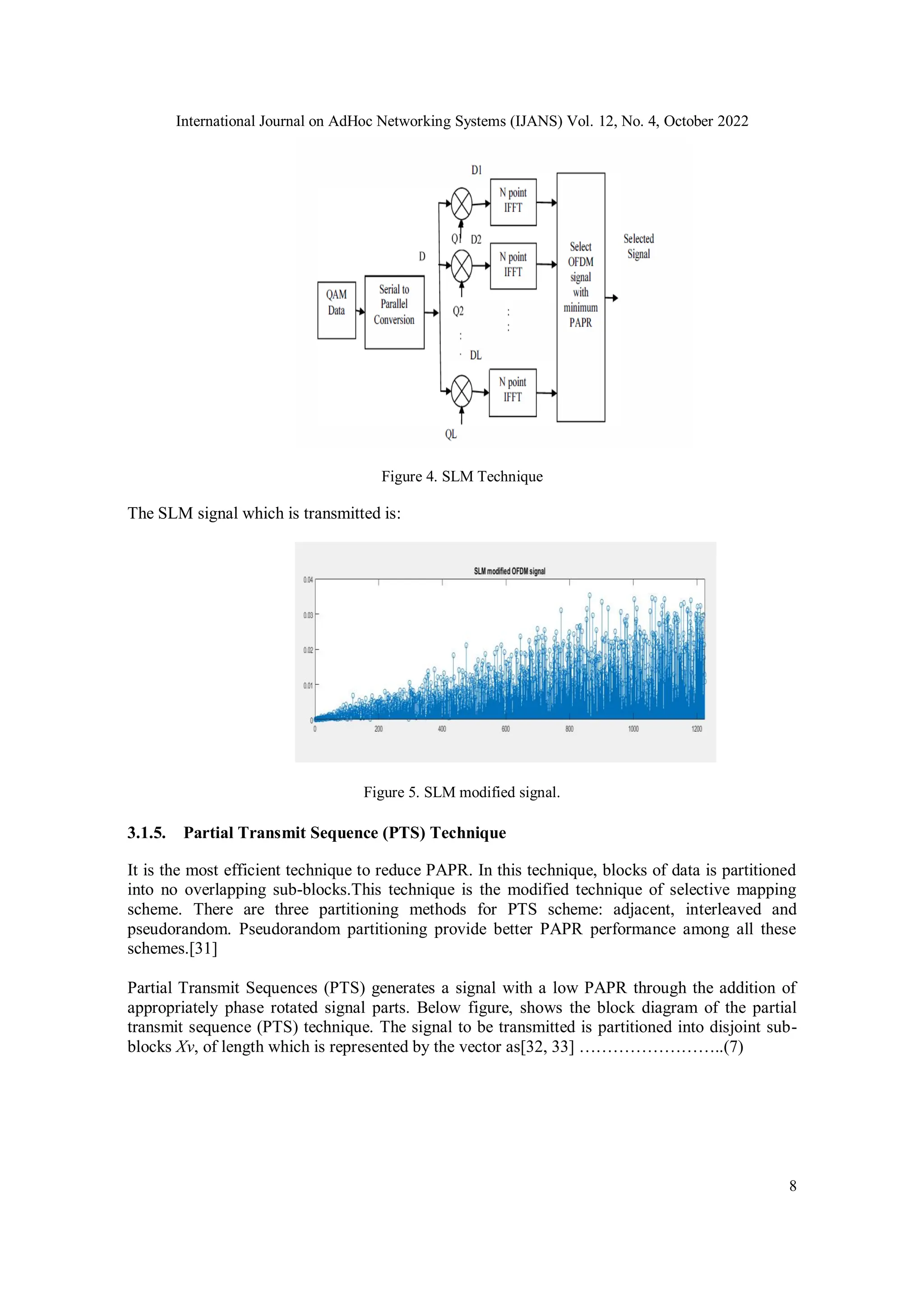 International Journal on AdHoc Networking Systems (IJANS) Vol. 12, No. 4, October 2022
8
Figure 4. SLM Technique
The SLM signal which is transmitted is:
Figure 5. SLM modified signal.
3.1.5. Partial Transmit Sequence (PTS) Technique
It is the most efficient technique to reduce PAPR. In this technique, blocks of data is partitioned
into no overlapping sub-blocks.This technique is the modified technique of selective mapping
scheme. There are three partitioning methods for PTS scheme: adjacent, interleaved and
pseudorandom. Pseudorandom partitioning provide better PAPR performance among all these
schemes.[31]
Partial Transmit Sequences (PTS) generates a signal with a low PAPR through the addition of
appropriately phase rotated signal parts. Below figure, shows the block diagram of the partial
transmit sequence (PTS) technique. The signal to be transmitted is partitioned into disjoint sub-
blocks Xv, of length which is represented by the vector as[32, 33] ……………………..(7)
 